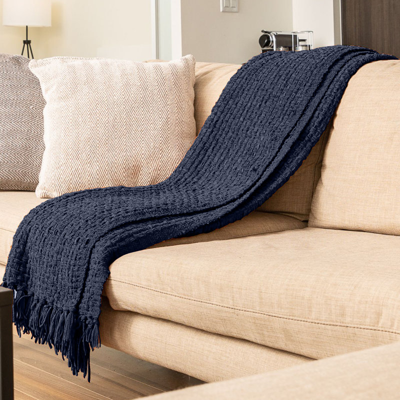 Chenille Hand Woven Throw Blanket, Navy