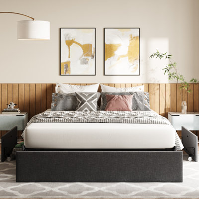 Platform Bed With Storage, 3 Large Drawers On Wheels, Fabric Upholstered Platform Bed, No Box Spring Needed, Solid Wood Slats Support, Easy Assembly, Dark Grey