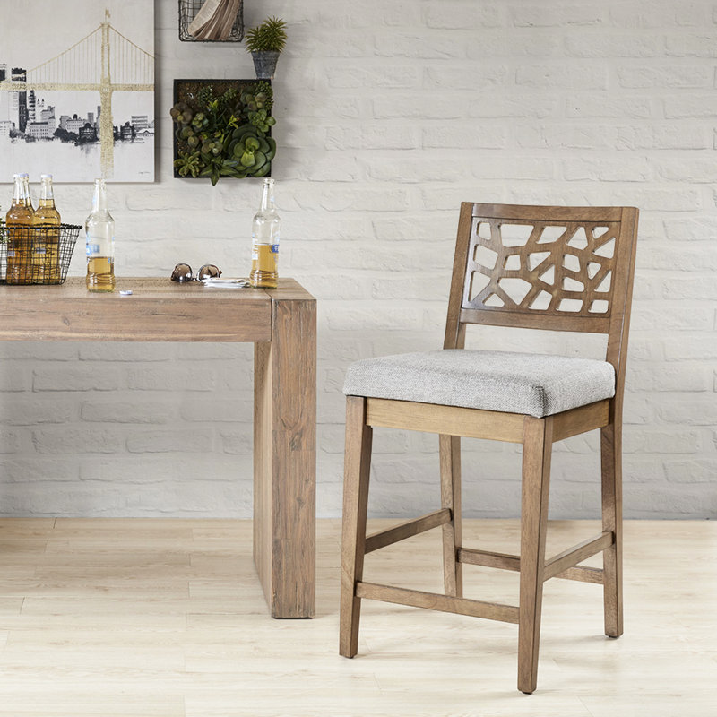 Tabouret de comptoir gris avec base en bois massif et siège rembourré en chêne, assemblage requis sur base en chêne