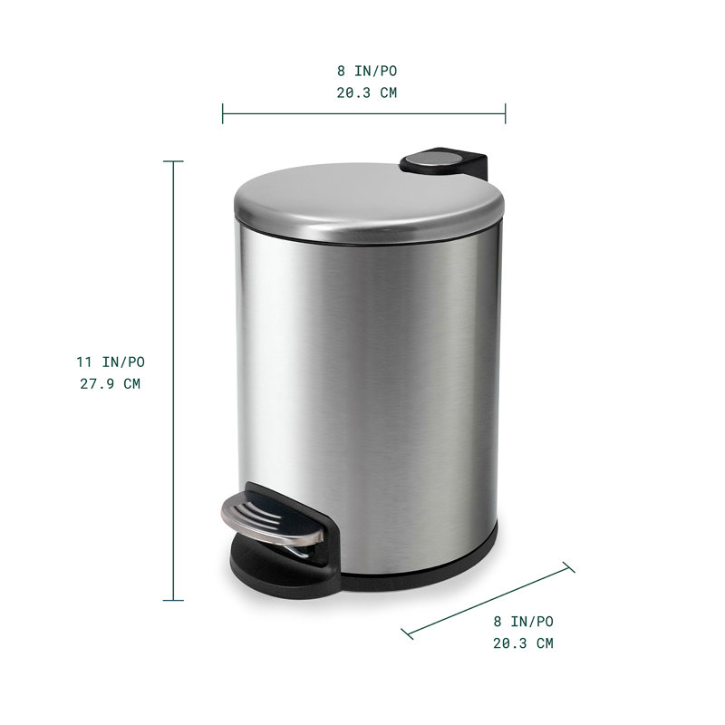 Poubelle à pédale ronde 1,3 gallon Acento avec couvercle à fermeture douce et à ouverture, seau amovible et pédale de qualité supérieure, acier inoxydable brossé