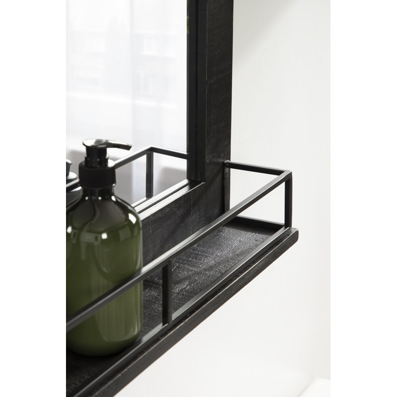 Black Wood Rectangular Barn Door Mirror with Shelf