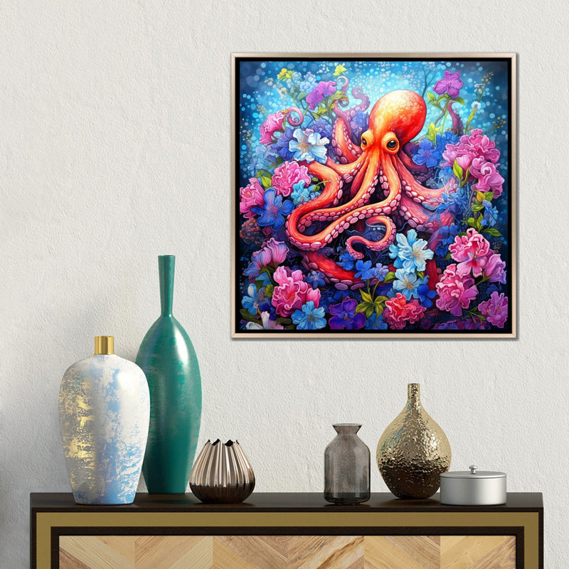 Octopus Garden, Toile encadrée champagne, H 18 po x l 18 po x P 1,5 po
