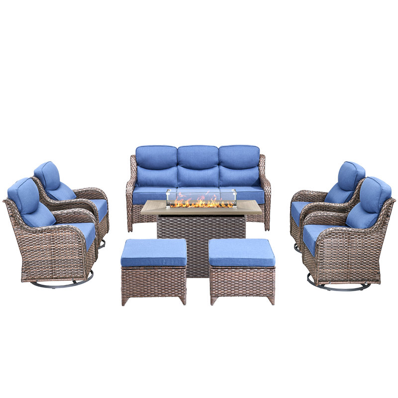 8 Pieces Patio Furniture Set, Outdoor Wicker Sofa Couch With Swivel Chairs 41" Fire Pit Table, All Weather High Back Modern Conversation Sets, Grey Rattan