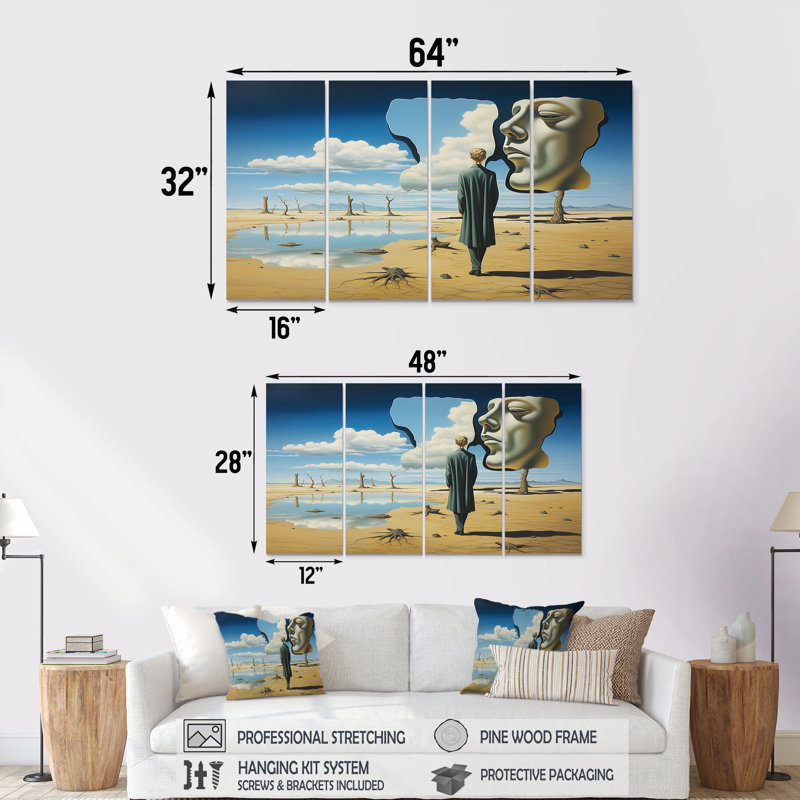 «The Face of the Earth - Surréalisme», art mural sur toile 4 pièces, H 32 po x l 64 po
