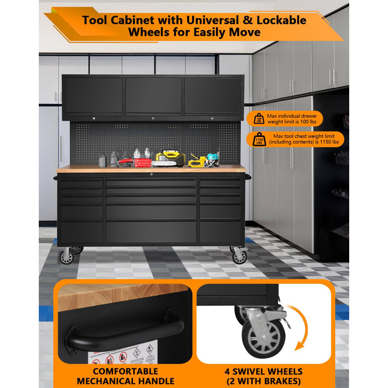Grand coffre à outils roulant avec tiroirs, armoire de rangement pour outils mobile de 72 po avec établi et panneau perforé, roues verrouillables, organisateur de boîte à outils de garage avec doublures antidérapantes pour entrepôt, atelier de réparation