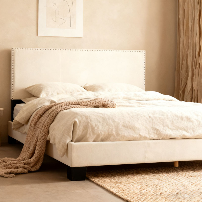 Linen Upholstered Platform Bed, Beige