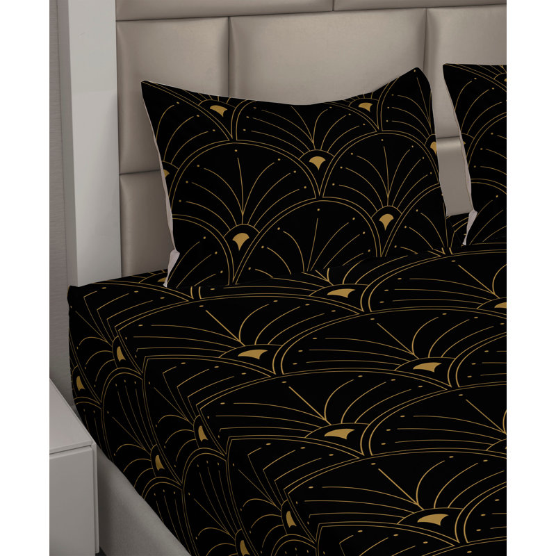 Microfiber Sheet Set, Cal King Sheet Set with 2 Pillowcases, Black/Sand Brown Geometric