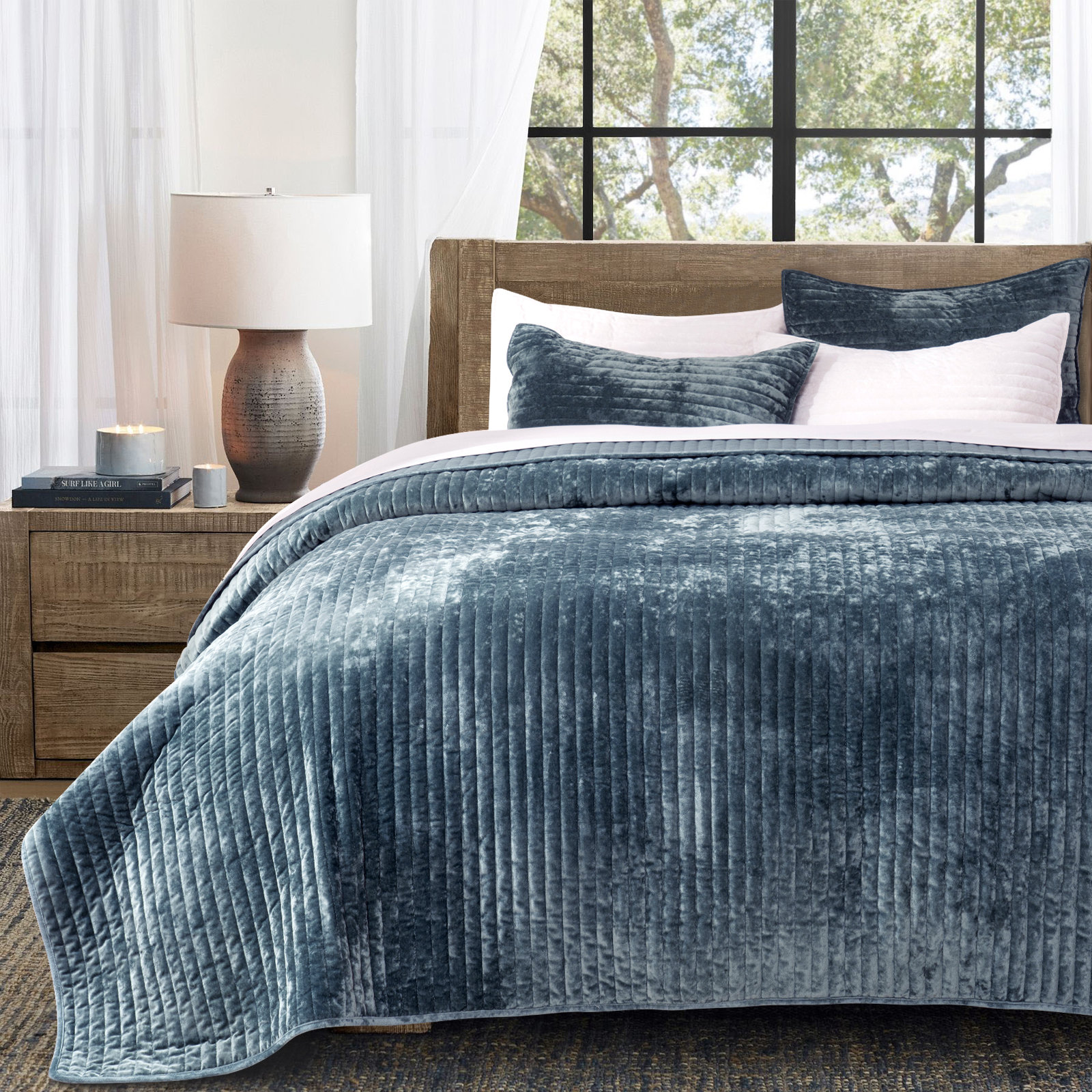 Luxe Velvet Channel Quilt Set, King, Stormy Blue