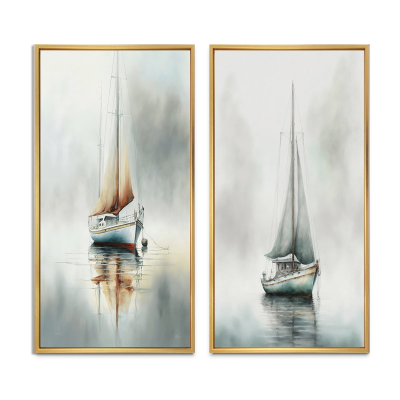 Bateau sur le lac II - ensemble d'art mural bateau côtier de 2 pièces, H 32 po x l 32 po, Encadrement brun