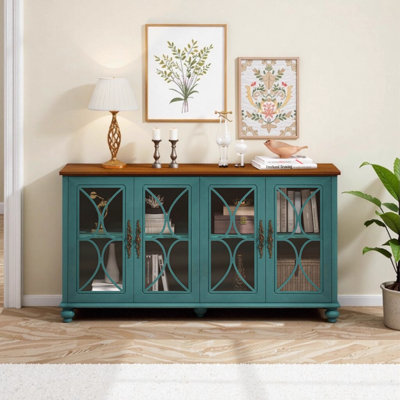 Elegant European Antique Style 4-Door Cabinet with Tempered Glass Doors, Dark Green Storage Cabinet for Dining Room Living Room Hallway with Adjustable Shelf