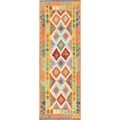 2'8"x8' Colourful, Afghan Kilim with Geometric Pattern, Flat Weave, 100% Wool, Vegetable Dyes, Hand Woven, Reversible, Runner, Oriental Rug