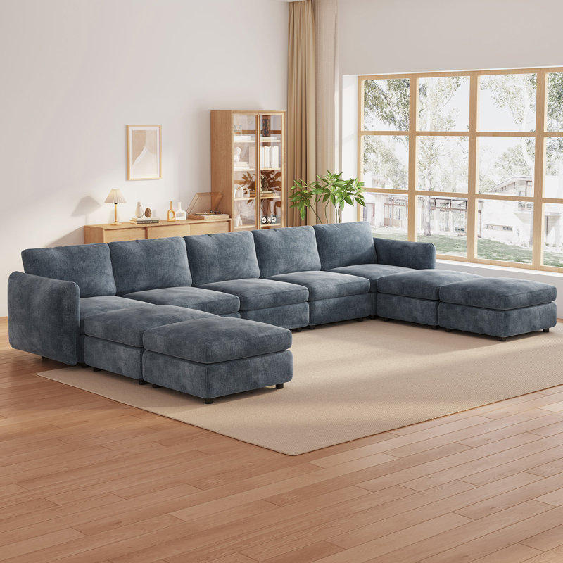 147.6" 9-seater U-Shaped Sectional Sofa with Storage Ottomans, Blue, Living Room, 9