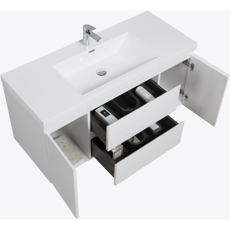 Meuble-lavabo mural de 48 po avec lavabo, meuble-lavabo mural moderne avec lavabo en résine et tiroirs à fermeture en douceur, blanc brillant 24V11-48GW