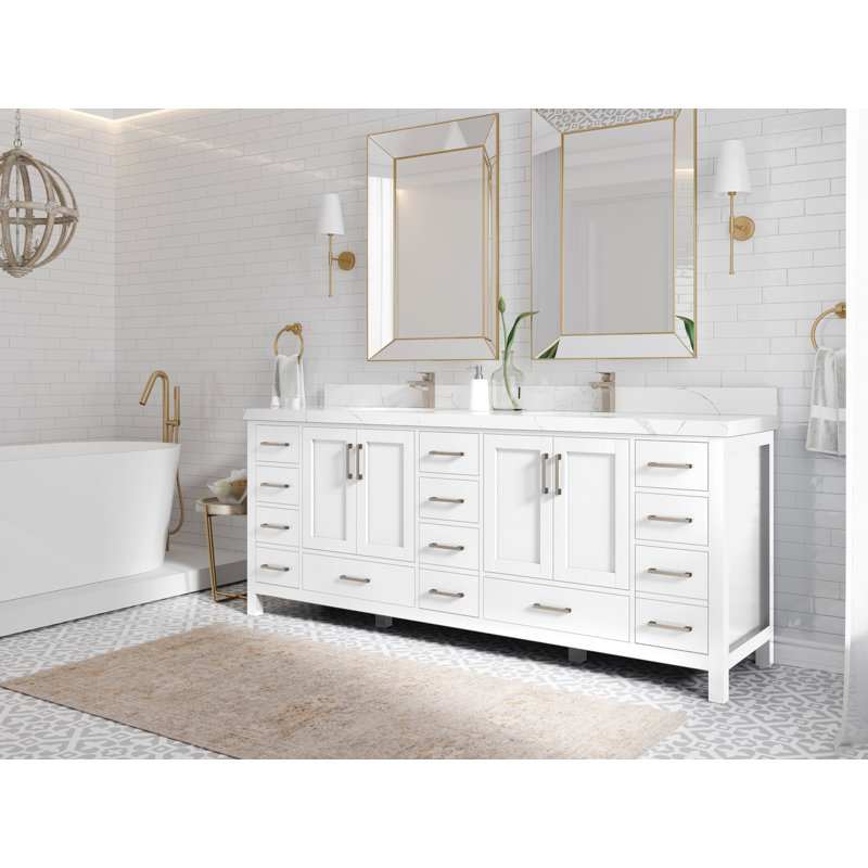 Malibu 84" White Solid Wood Double Sink Vanity with Carrara Marble Top