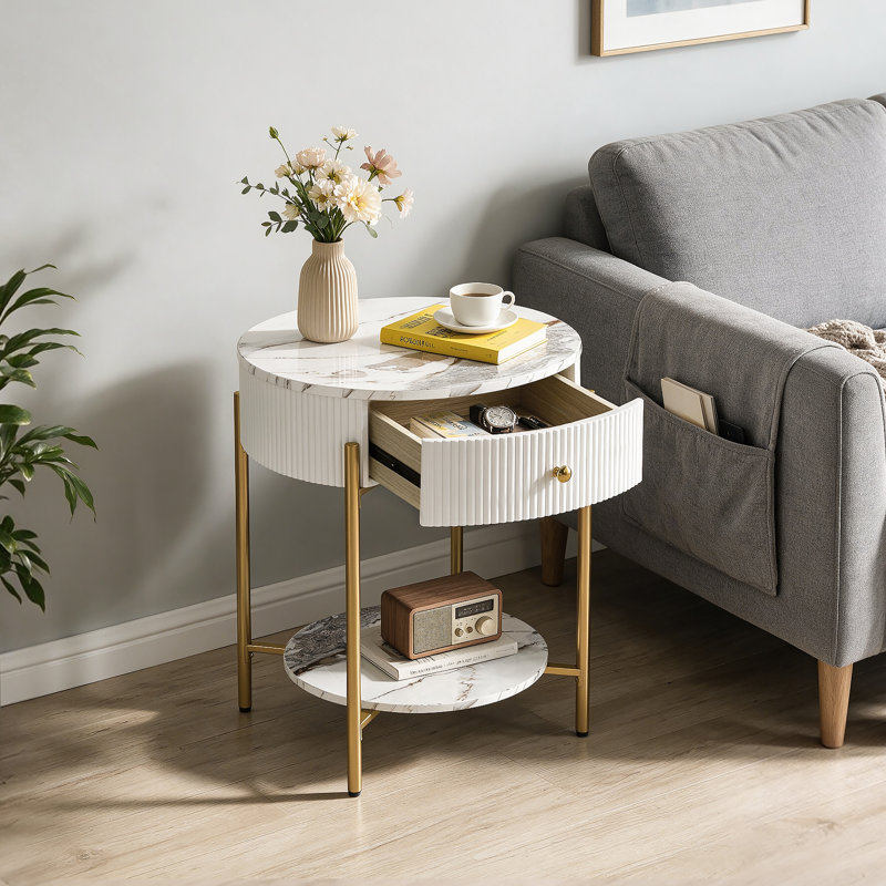 Woodville Side Table with Storage, Calacatta Gold, Gold