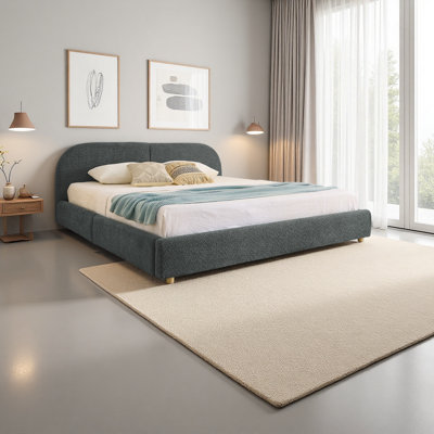 Structure de lit tapissier très grand de style minimaliste moderne - Tissu de fil rond, tête de lit haute incurvée, rangement de tiroir robuste sur roulettes, matelas non inclus