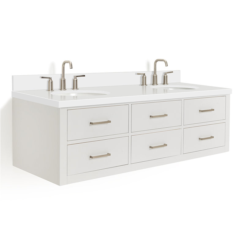 Macmullin 61 " W Wall Mounted Wall Mounted 2 Double Vanity Bathroom Vanity With White Quartz Top, White, Brushed Nickel