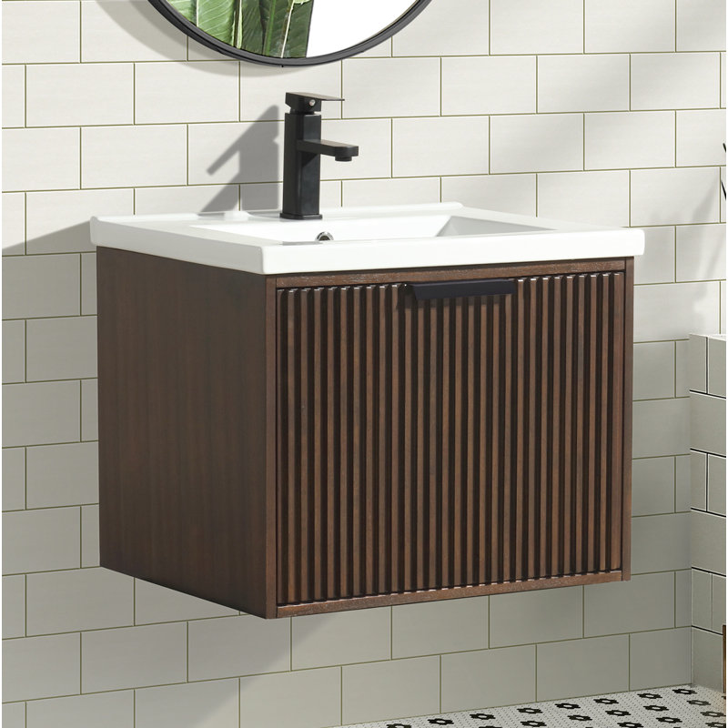Anelie 24" Wall-Mounted Single Bathroom Vanity Set, Walnut, Matte Black