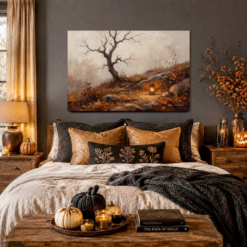 Art mural sur toile, arbre nu et lanterne rougeoyante en bois d'automne, H 32 po x l 48 po