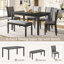 Table de salle à manger grise 6 avec banc et chaises. Conception moderne en bois pour la pièce. Stable et confortable. Assemblage facile et chaises, gris. Style de sièges confortables. À assembler-1152179356-1152179346-1152179347