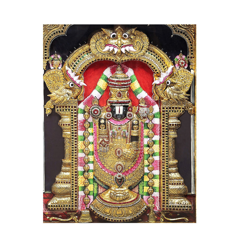 Lord Venkateswara comme Balaji à Tirupati avec la déesse Lakshmi | Couleurs traditionnelles | Structure en bois de teck