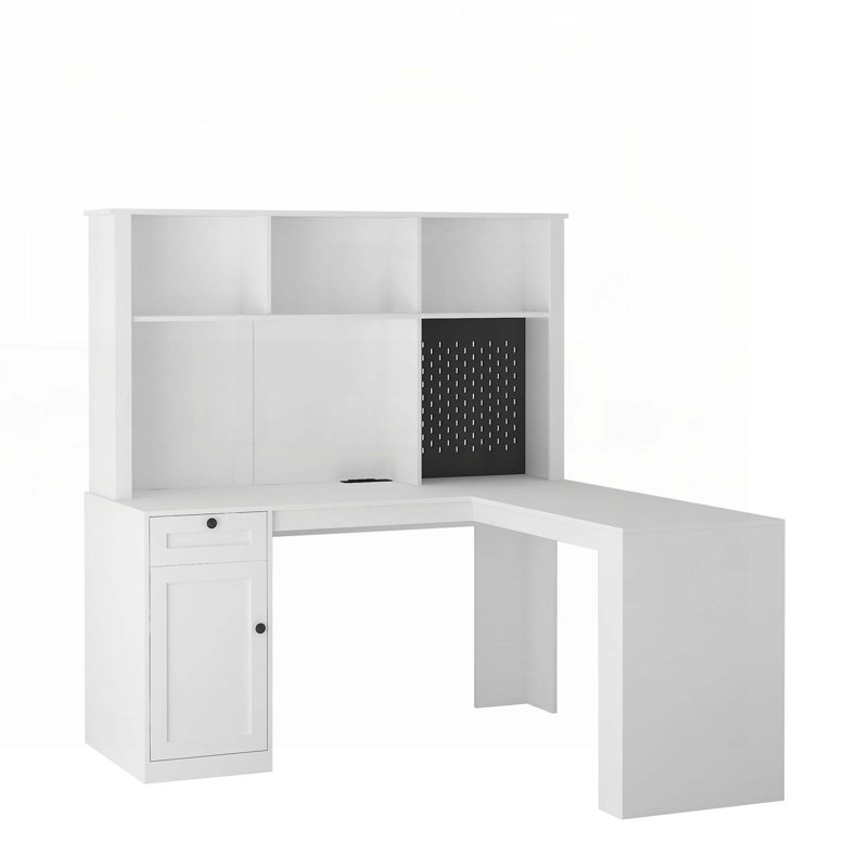 L Shaped Desk with outlet, Computer Desk with Drawers, Bookshelf, Modern Corner Desk, White