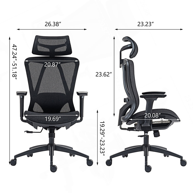 Chaise de bureau haut dossier en filet avec accoudoirs réglables en 3D, Noir