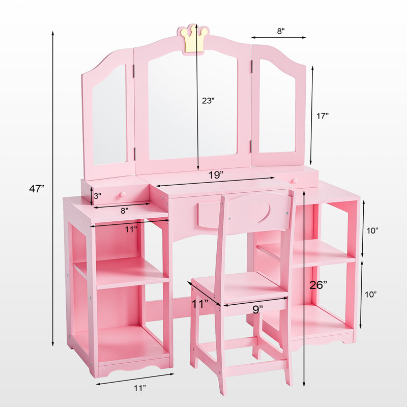 Kids Vanity Table And Chair Set, 2 In 1 Girls Vanity Storage Cabinet W/Tri-Folding Mirror, White