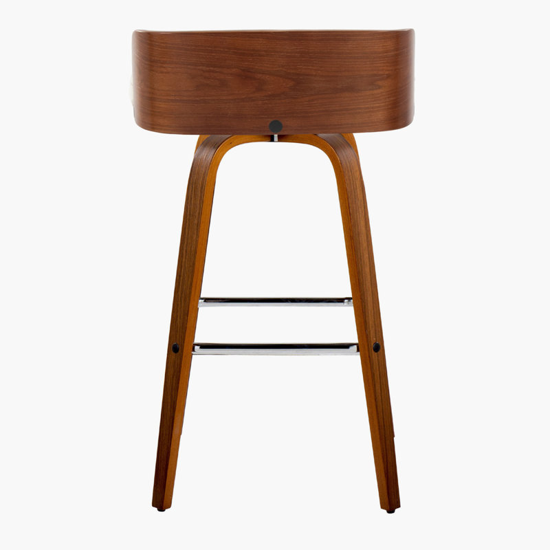 Maya 30" Mid-Century Modern Fixed-Height Barstool With Swivel In Walnut Wood And Charcoal Fabric With Square Chrome Metal Footrest By Lumisource - Set Of 2