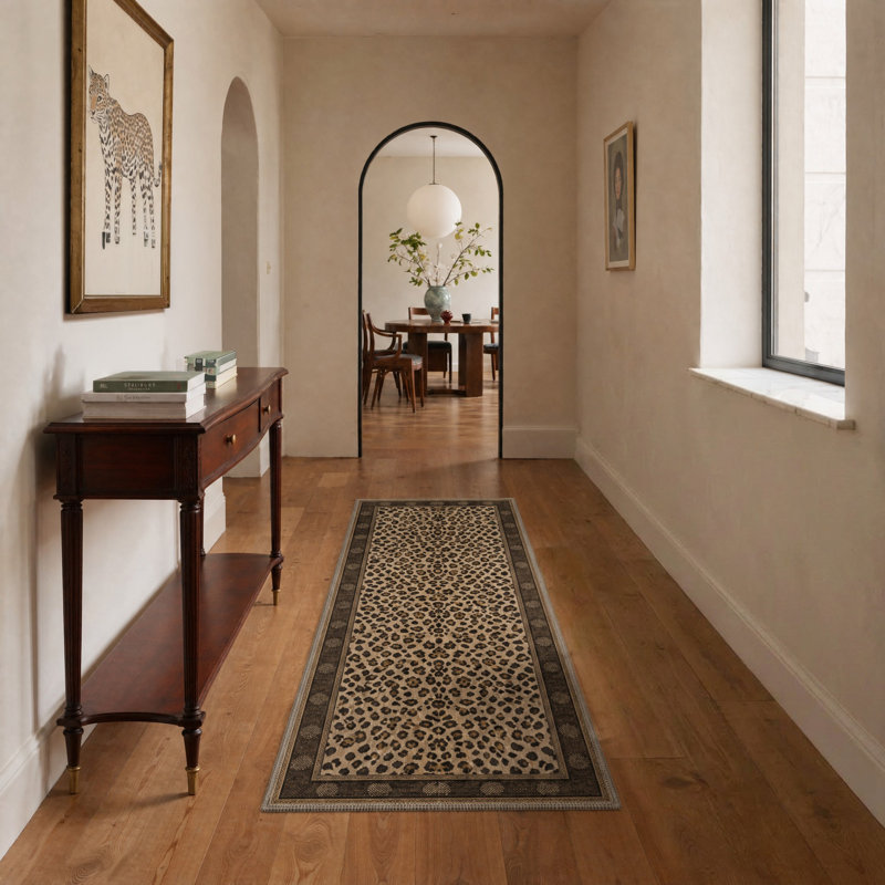 Tapis de couloir brun / noir à imprimé animal lavable à la machine avec envers antidérapant, Tapis de couloir de 2 pi x 7 pi