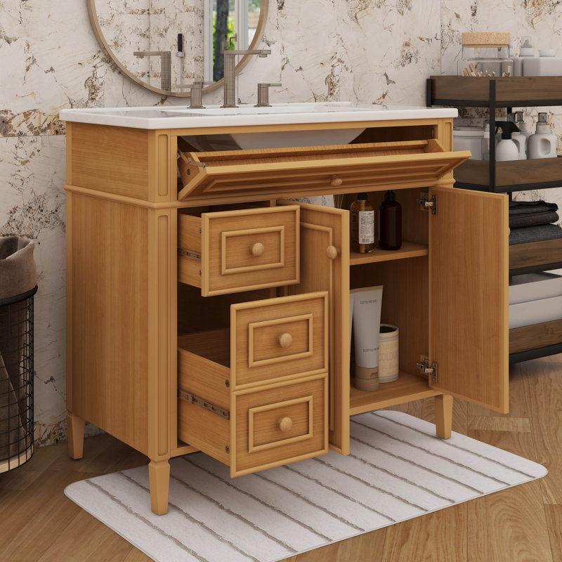 Meuble-lavabo de 36 po avec lavabo, meuble-lavabo en bois avec tiroir rabattable, 3 tiroirs et 2 portes à fermeture silencieuse