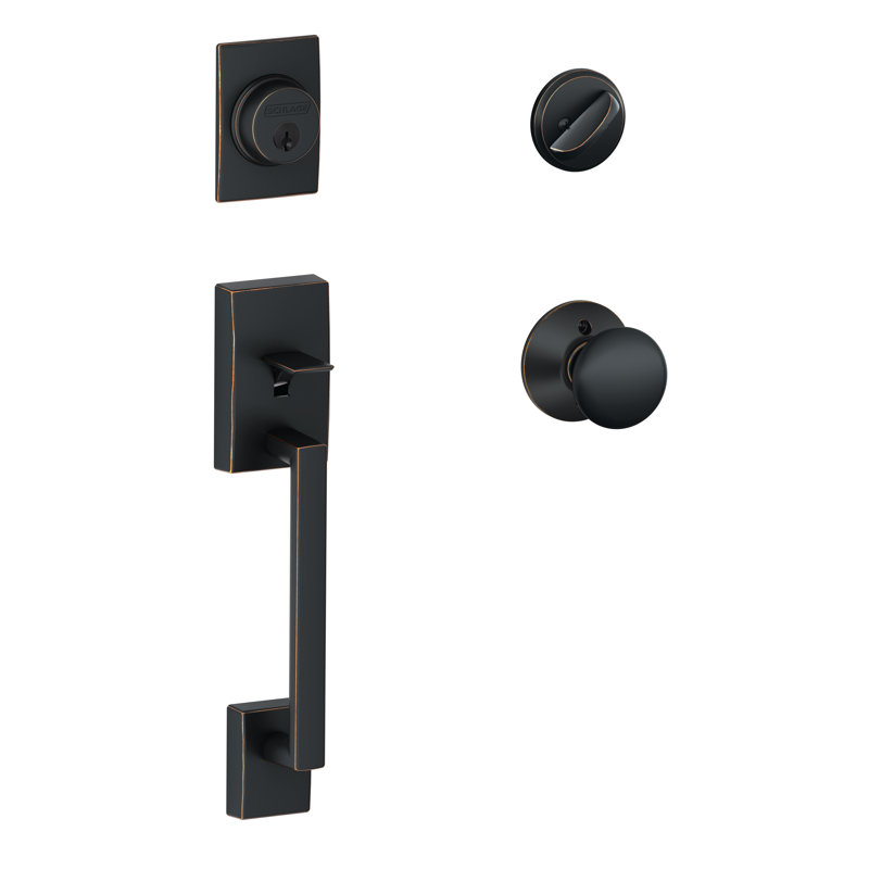 Century Handleset with Single Cylinder Deadbolt and Plymouth Door Knob and Rosette, Aged Bronze, Keyed Different