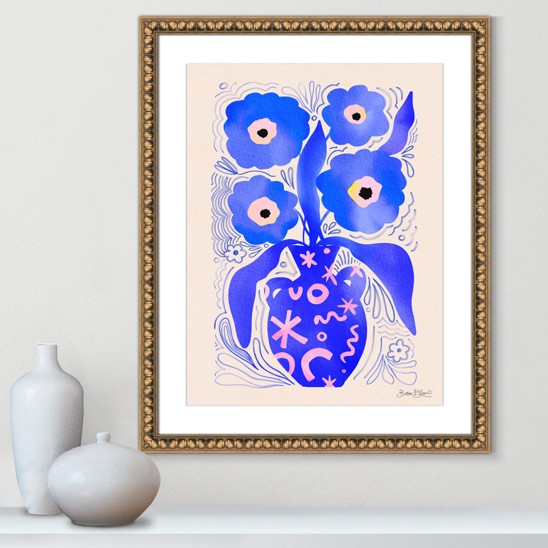 «Blue Flowers Matisse» par Bloom, Imprimé mat, Perles de feuilles dorées, L 24,5 po x H 30,5 po