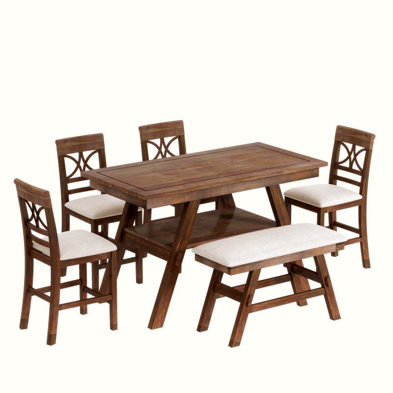Ensemble de table de salle à manger 6 pièces à hauteur de comptoir en bois avec tablette de rangement, Brun, Brun / crème