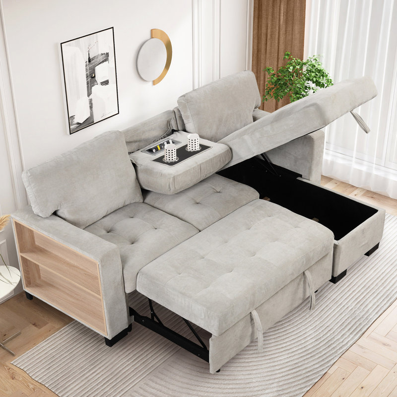 Stylish And Functional Light Chaise Lounge Sectional With Storage Rack Pull-Out Bed Drop Down Table  And USB Charger