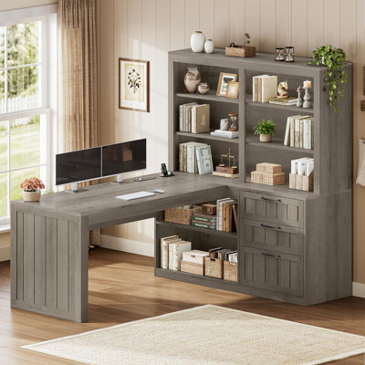 59'' Large Computer Desk L Shaped Farmhouse Office Desk with 3 Drawers and 5-Tier Bookshelf