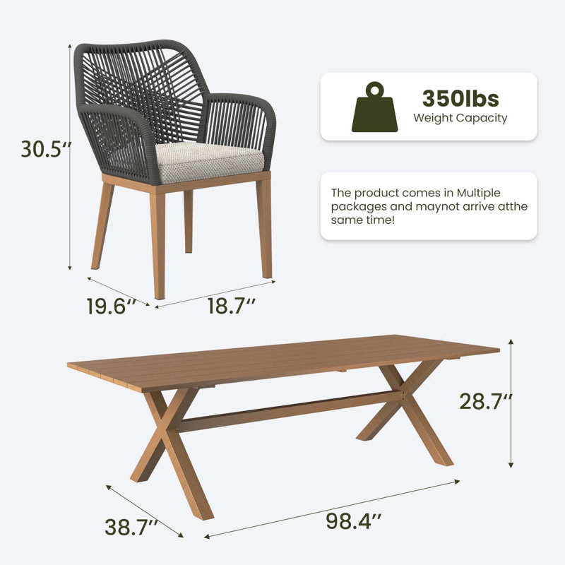 11 Pieces Outdoor Dining Set With Rectangular Dining Table And 10 Chairs, Beige Cushion/Brown/Gray Frame, 10, Brown
