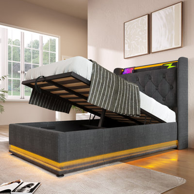 Twin Size Upholstered Bed, 360 Surround LED Function, Buttons/Apps/Remote Control, Hydraulic Storage Bed With USB Type-C Charging, Gray,Linen (Without Mattress)
