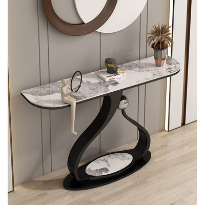 Contemporary Curved Edge Wall Console Table Marble Pattern Stone Top Sculptural Curvy Metal Pedestal Foyer Accent Table