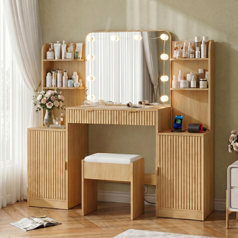 Ensemble de coiffeuse avec miroir lumineux à DEL et prise de courant, bureau de coiffeuse avec tabouret pour la chambre à coucher