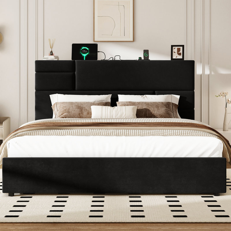 Lit plateforme King Size avec tête de lit ajustable et tiroirs de rangement, noir, King, Black