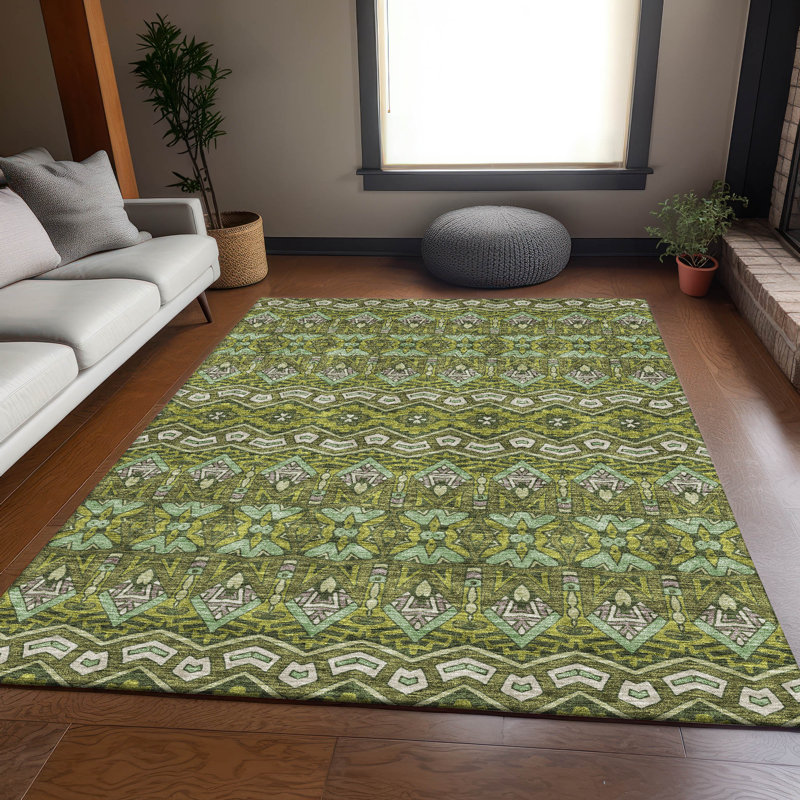 Premium Machine Washable Prisco Olive Rug, Rectangle 9' x 12'