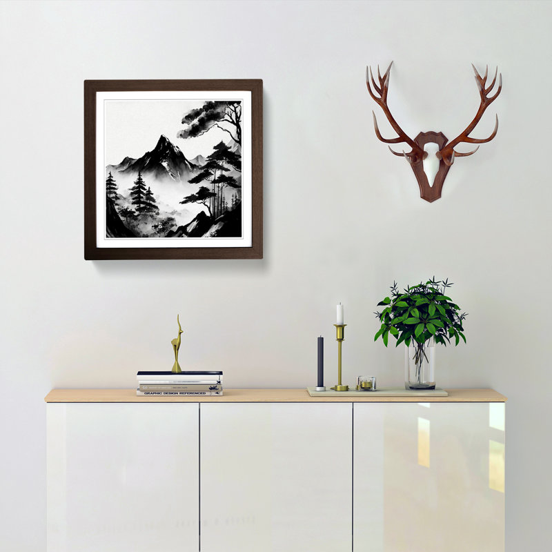 Japanese Mountains Ink Wash No.1 - Single Picture Frame Print on Wood, Walnut