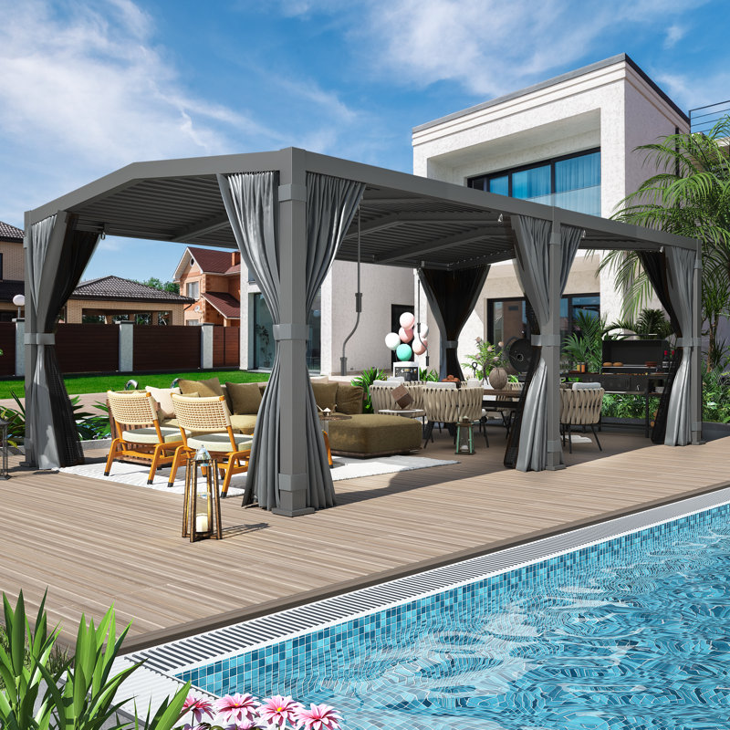 Dark Grey Aluminum 12x20 Louvered Pergola with Adjustable Roof and Curtains