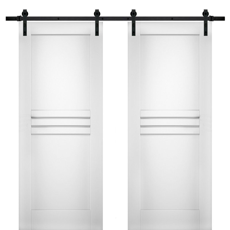 Mela Panelled Manufactured Wood Barn White Doors with Installation Hardware Kit, Black, 36" x 96"