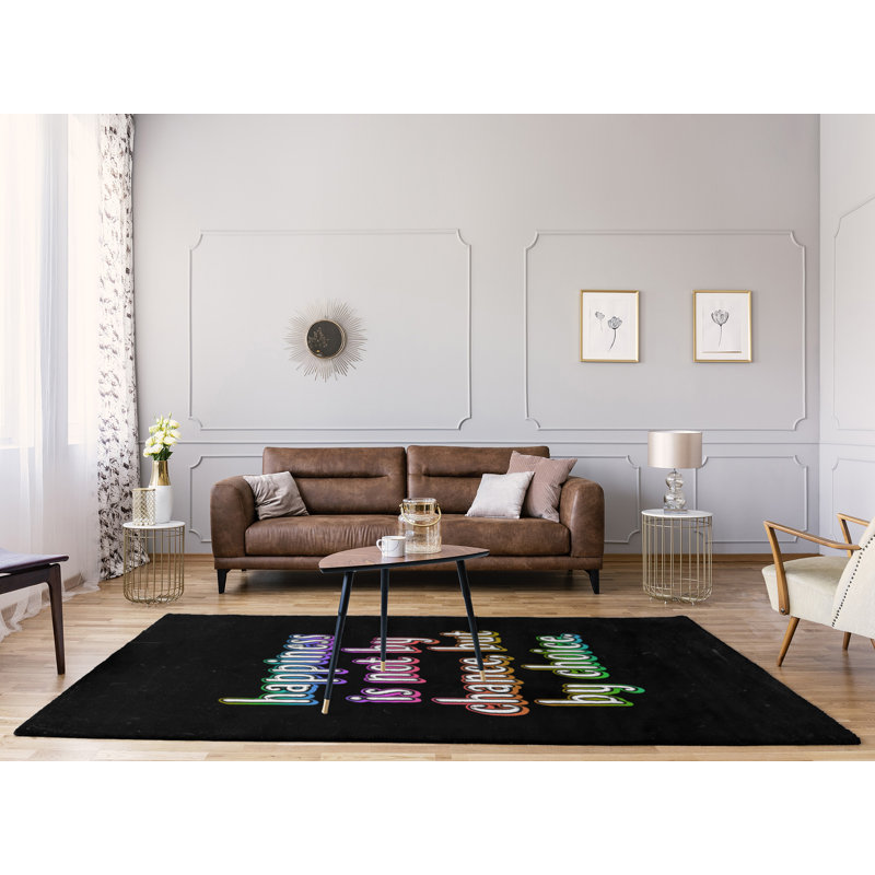 Tapis en polyester de style tableau noir à citation inspiration bonheur, Rectangle 5 pi x 7 pi