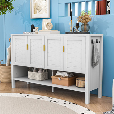 Modern Four-Door Sideboard Buffet Cabinet with Adjustable Shelves, Open Storage and Geometric Doors