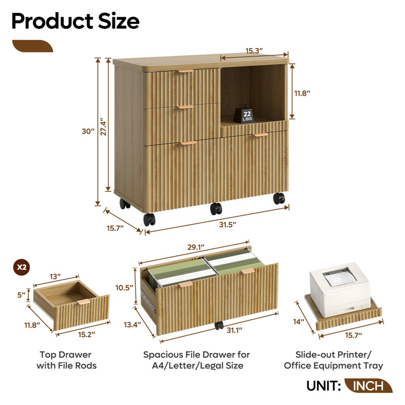 31.5" W 3 Drawer Wood File Cabinet, Mobile Filing Cabinet with Concealed Pull-out Tray for Printer, Beige/Gold
