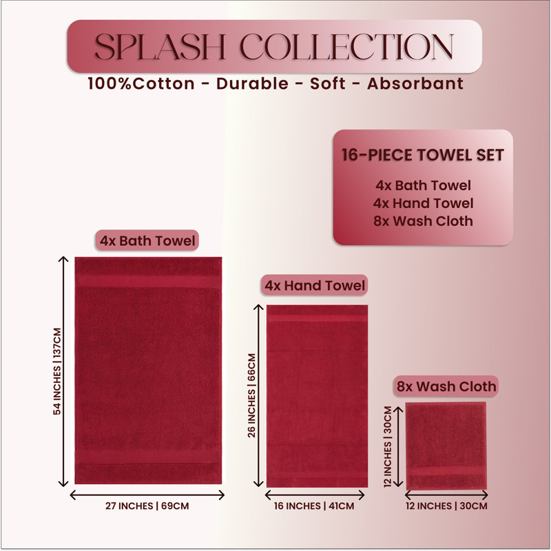 Splash 100% Cotton Zero Twist Towel Set, Bath Towels, Hand Towels & Washcloths, 550 GSM Soft Absorbent Towels for Bathroom, Spa & Daily Use, OEKO-TEX Certified, 16 Pack, Red