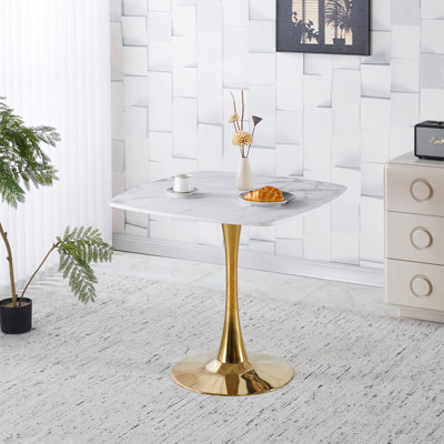 Table de salle à manger 31,5 "Squaretulip pour 2 à 4 personnes Table de cuisine moderne Mid-Century avec plateau en panneau de fibres à densité moyenne et piédestal en métal doré